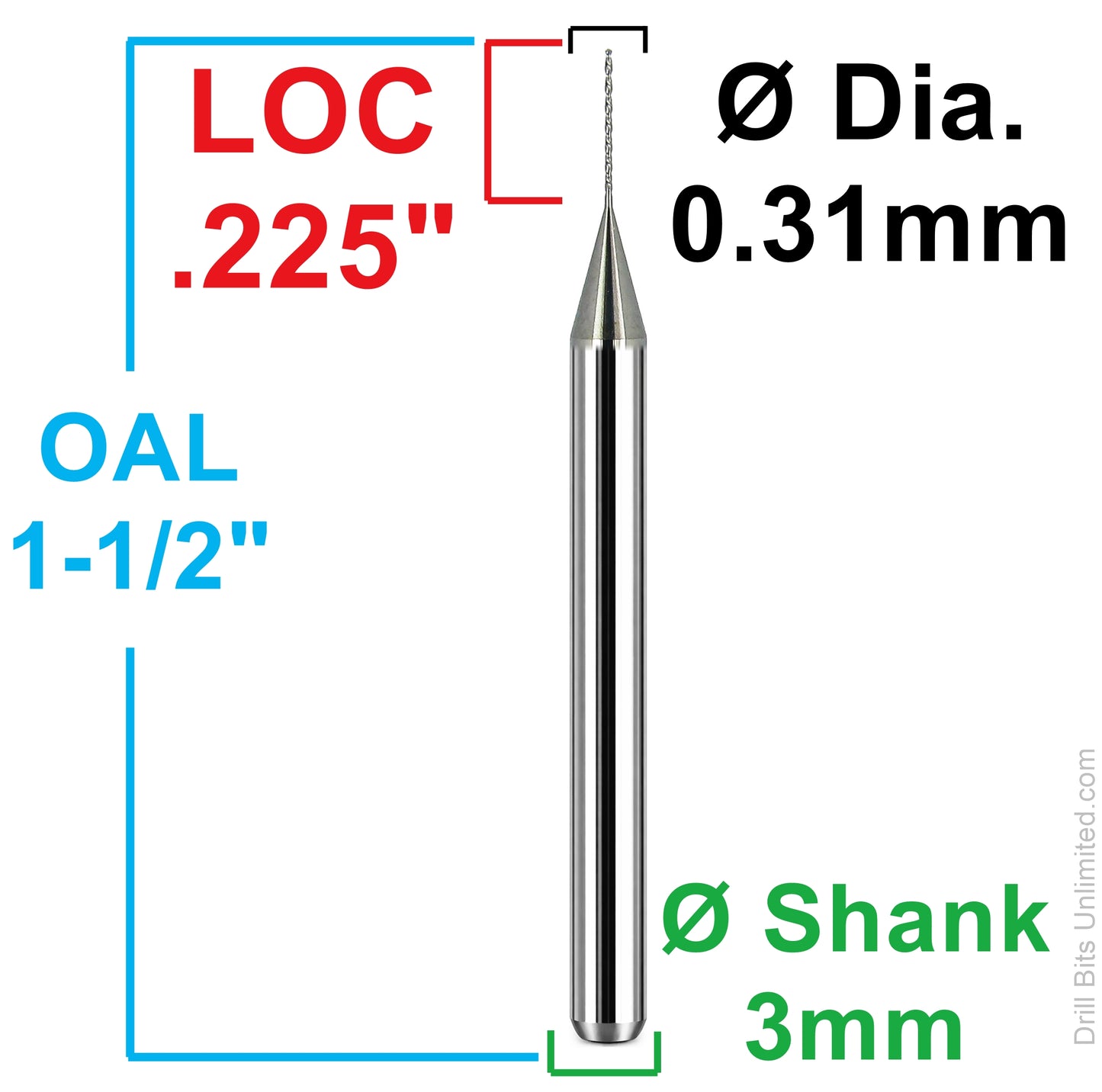0.0122 inch 0.31mm left hand carbide micro drill bit dimensions LOC 0.225 inch shank 3mm Kyocera 226L-0122.225