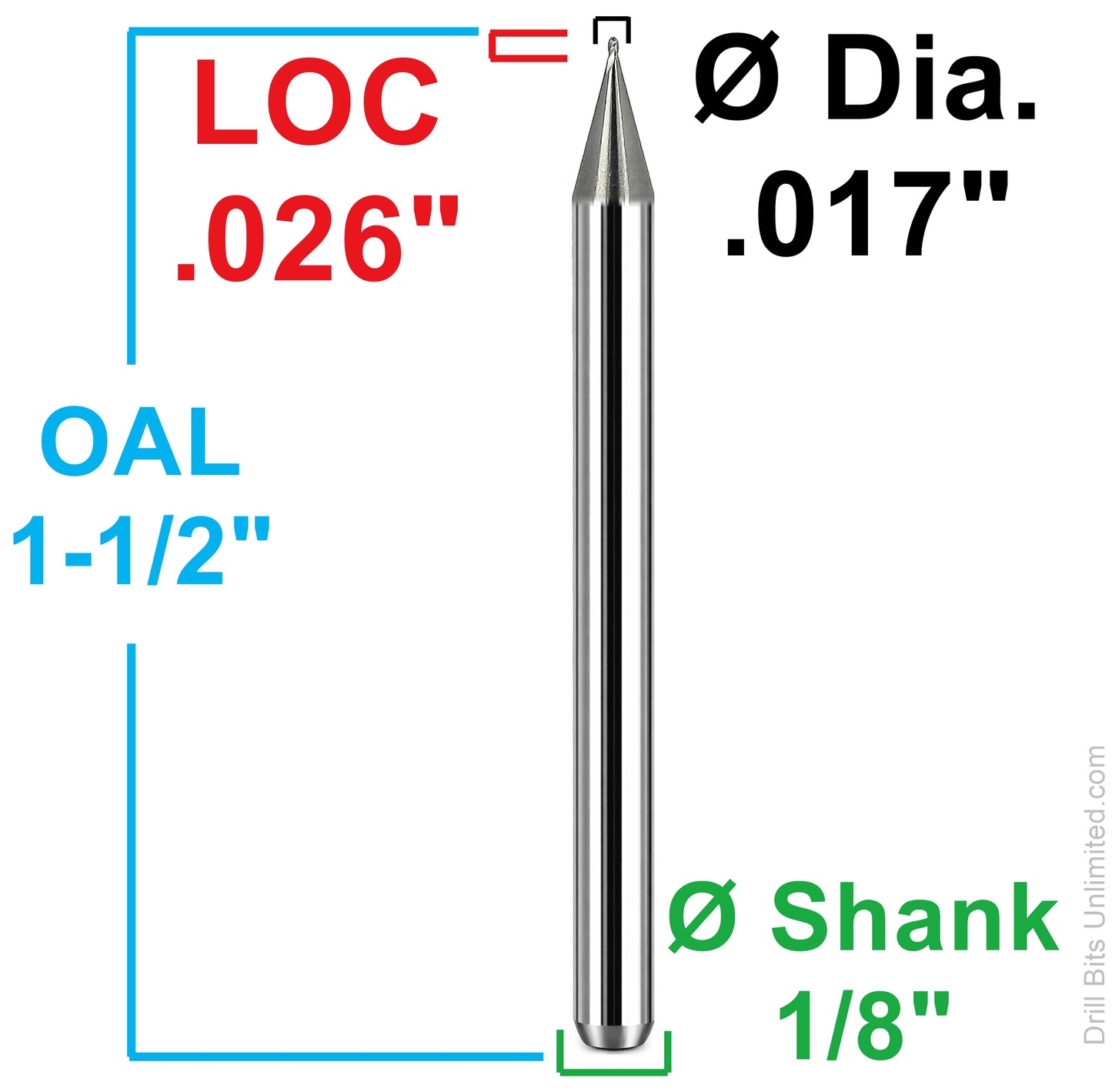 Dimension diagram of 0.017 inch 0.43mm ball nose carbide end mill with 0.026 inch LOC and 1/8 inch shank by Kyocera part 1835-0170.026