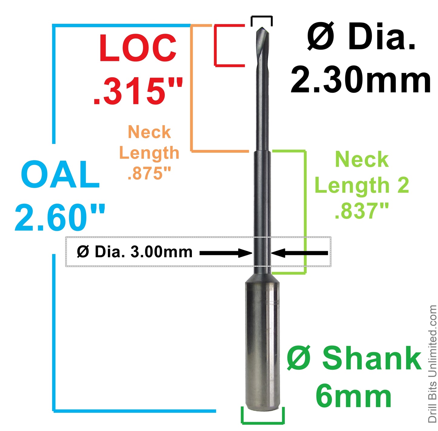 2.30mm (.0906") x .315" LOC Kyocera AlTiN Step-Flex Carbide Drill, 6mm Shank | TS-451-2086-20
