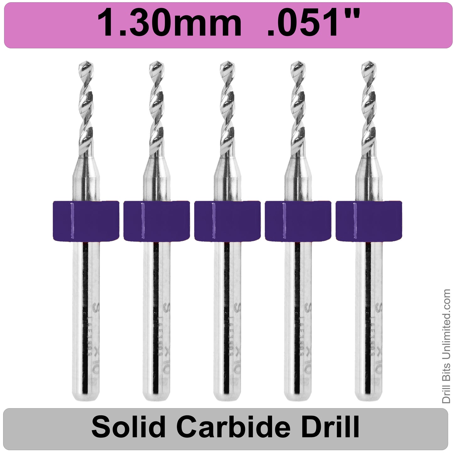 .051" 1.30mm - Drill Bits - FIVE Piece Set with 1/8" Shanks Solid Carbide 1.3mm
