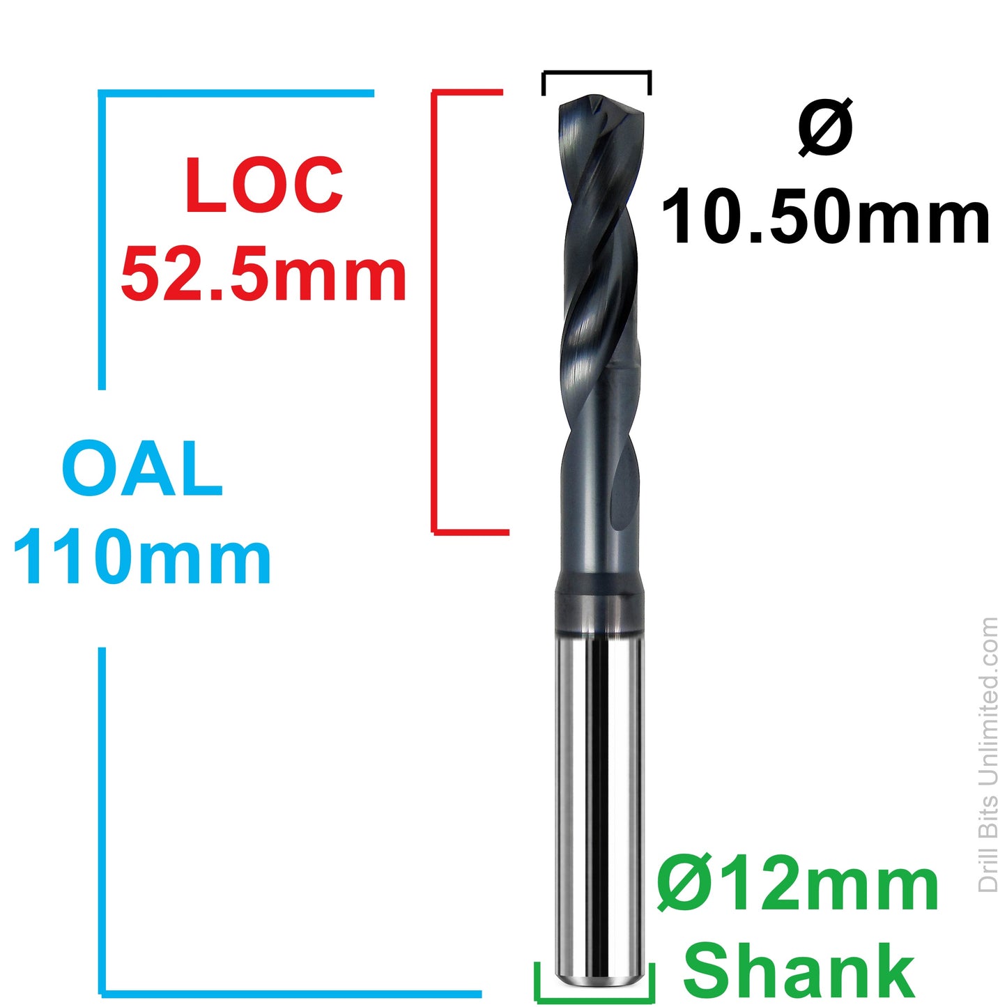Dimension diagram for Kyocera ORION 10.50mm solid carbide drill bit with 52.5mm flute length, 110mm overall length, and 12mm shank