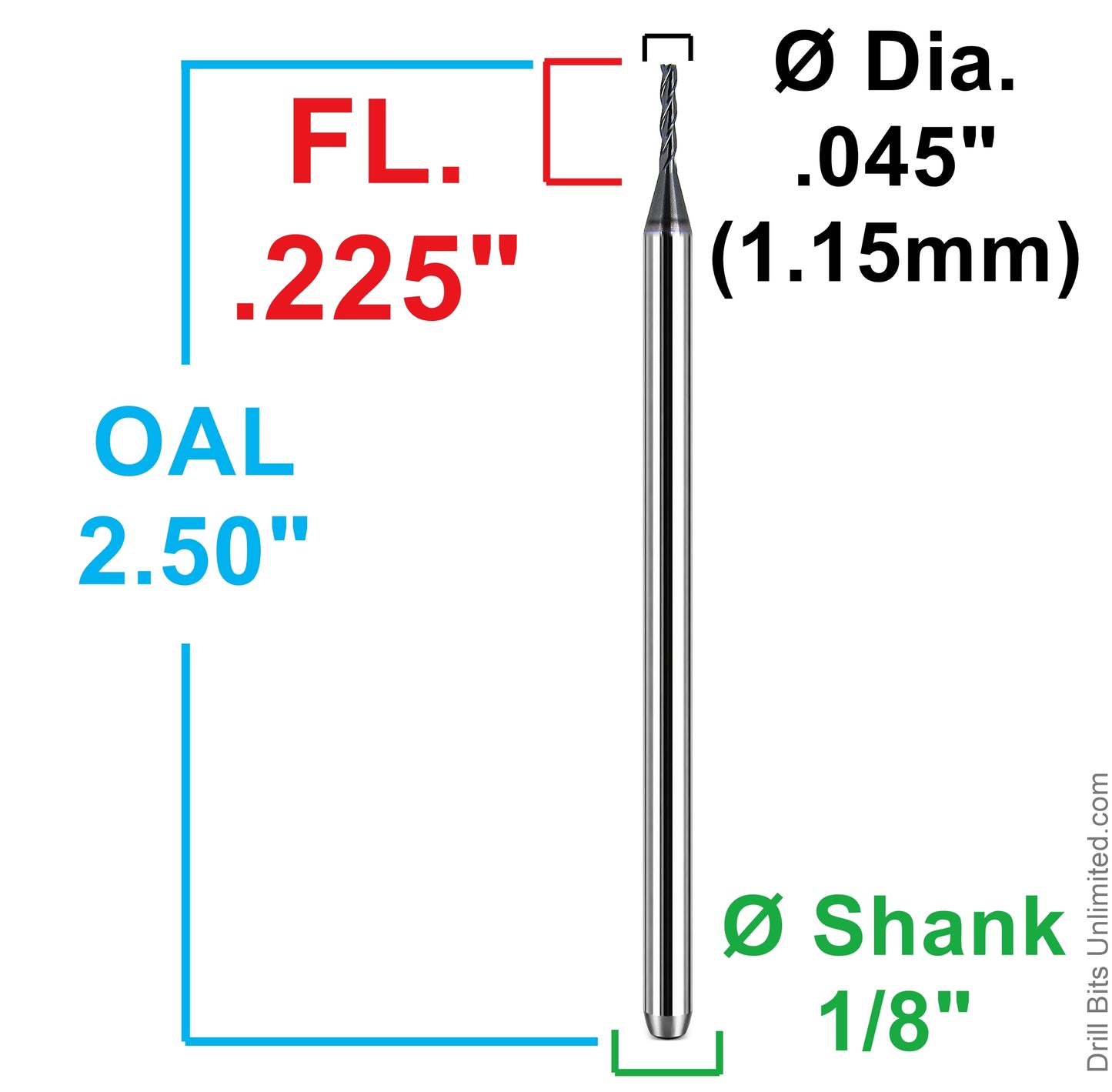 Kyocera 0.0450 inch square end mill dimensional diagram showing 0.225 inch flute length 2.5 inch overall length and 1/8 inch shank