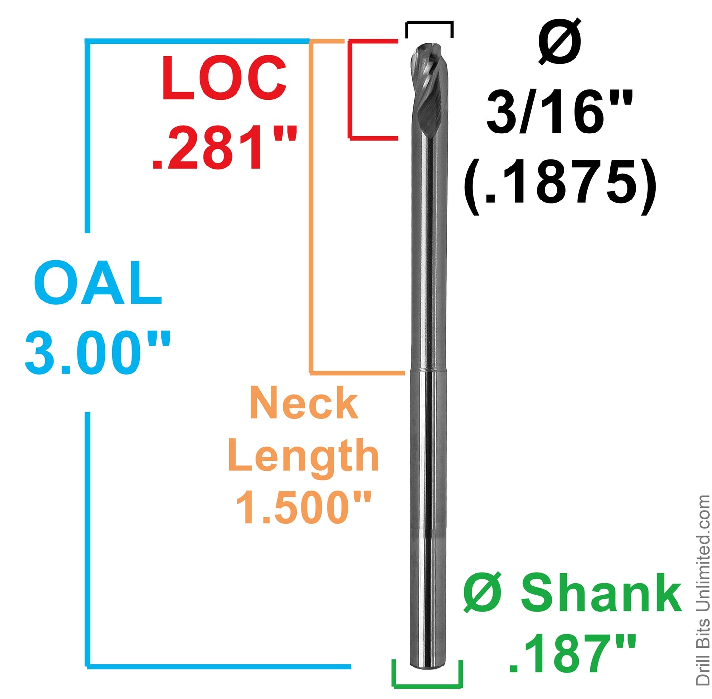 dimension diagram showing 3/16 inch diameter, 0.281 inch LOC, 3 inch OAL, 1.500 inch neck length and 0.187 inch shank Kyocera USA ball nose end mill 1755-1875.1500
