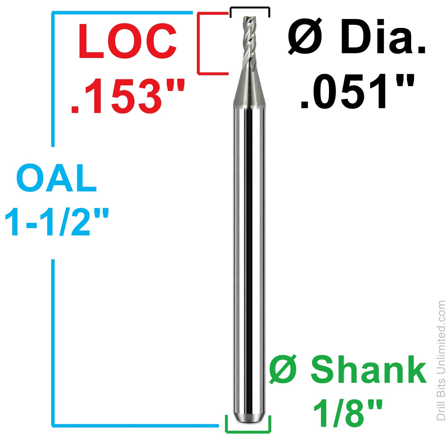 Dimensional drawing of 1.30mm (.0510") 4-flute square end carbide end mill with 0.153" length of cut, 1.500" overall length, and 1/8" shank
