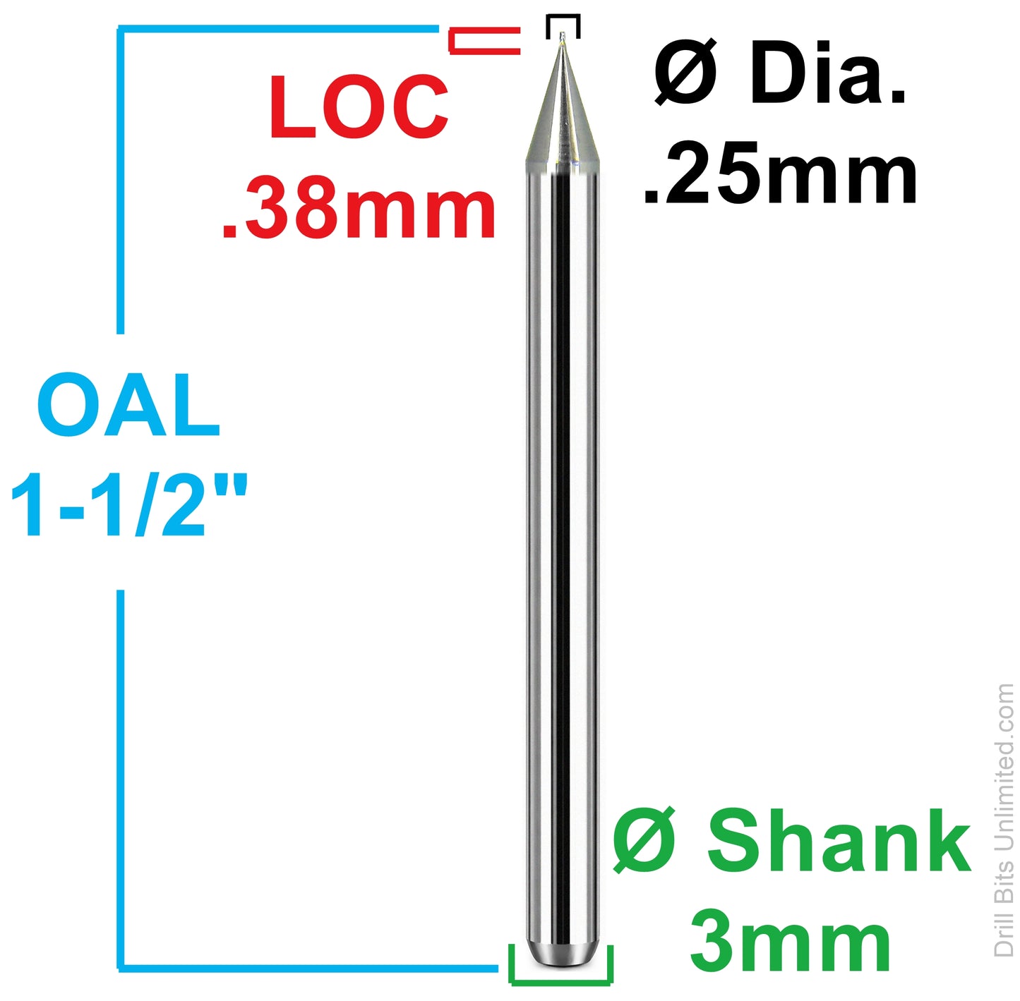 Kyocera 0.25mm end mill dimensional drawing showing 0.38mm LOC 38mm OAL and 3mm shank