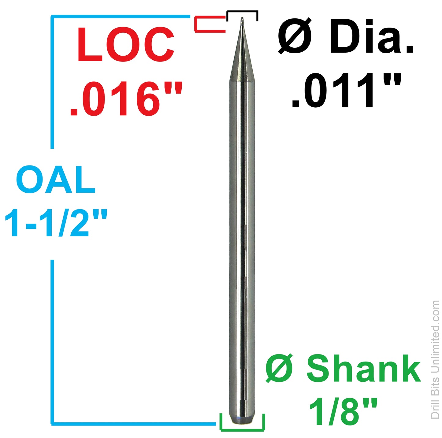 dimension diagram showing 0.011 inch diameter, 0.016 inch LOC, 1.5 inch OAL and 1/8 inch shank Kyocera ball nose end mill 1835-0110.016