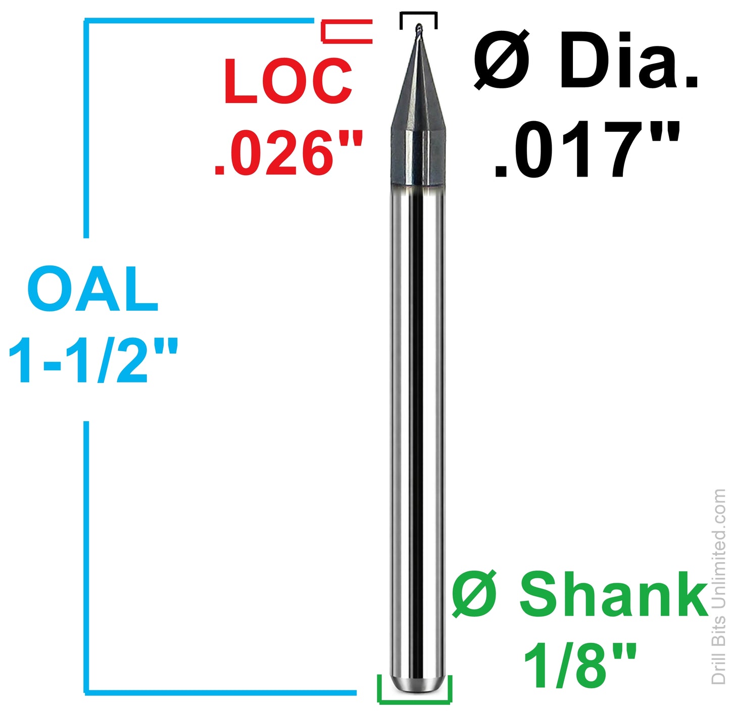 Kyocera 0.017 inch ball nose end mill dimensional diagram showing 0.026 inch LOC and 1/8 inch shank