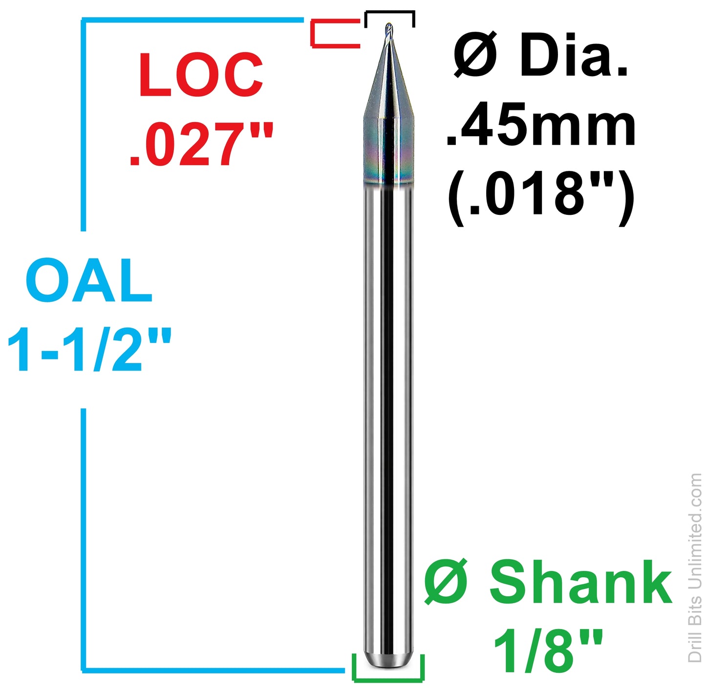 Kyocera 0.018 ball nose carbide end mill dimensions 1835-0180L027