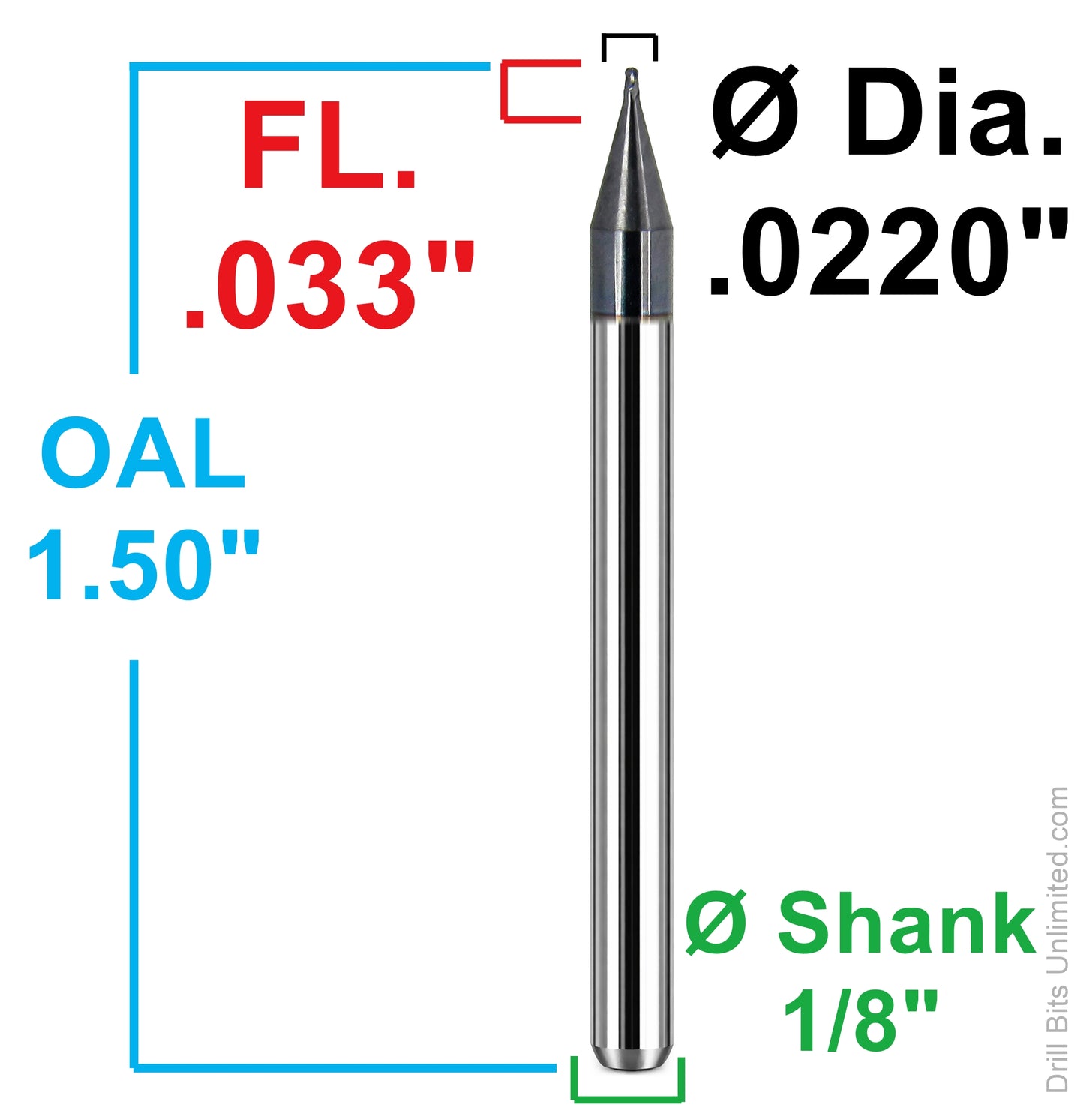 Kyocera 0.022 ball nose carbide end mill dimensions 1835-0220L033