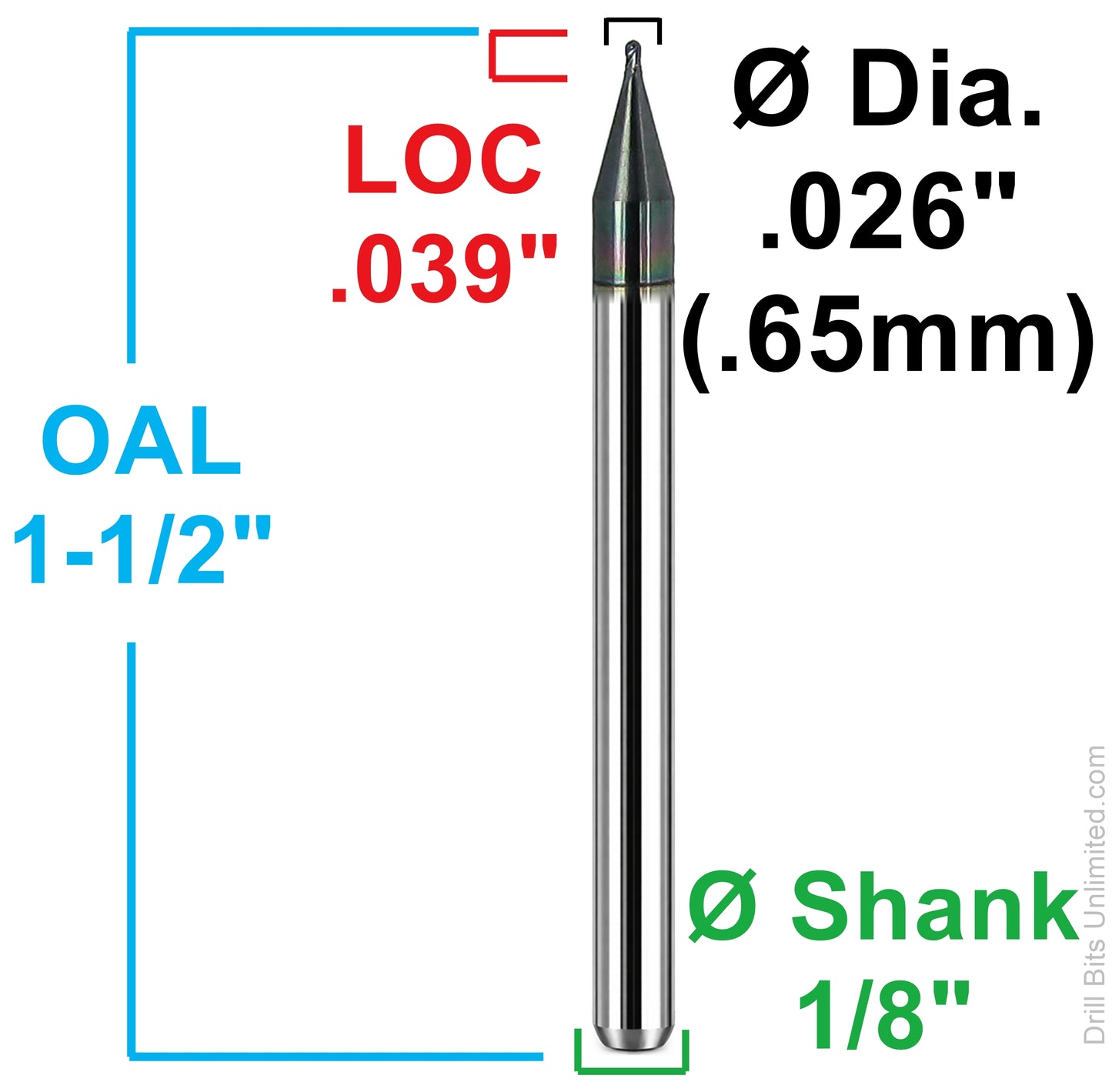 Kyocera 0.026 inch ball nose end mill dimensional diagram showing 0.039 inch LOC and 1/8 inch shank