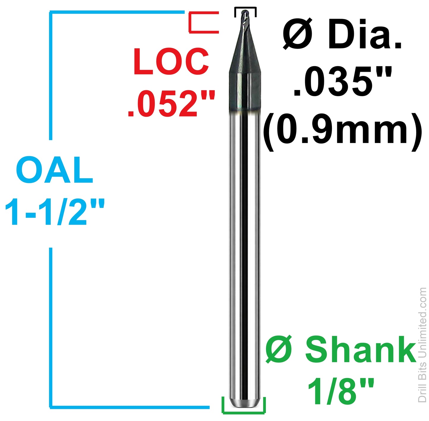 Kyocera 0.035 inch ball nose end mill dimensional diagram showing 0.052 inch LOC and 1/8 inch shank