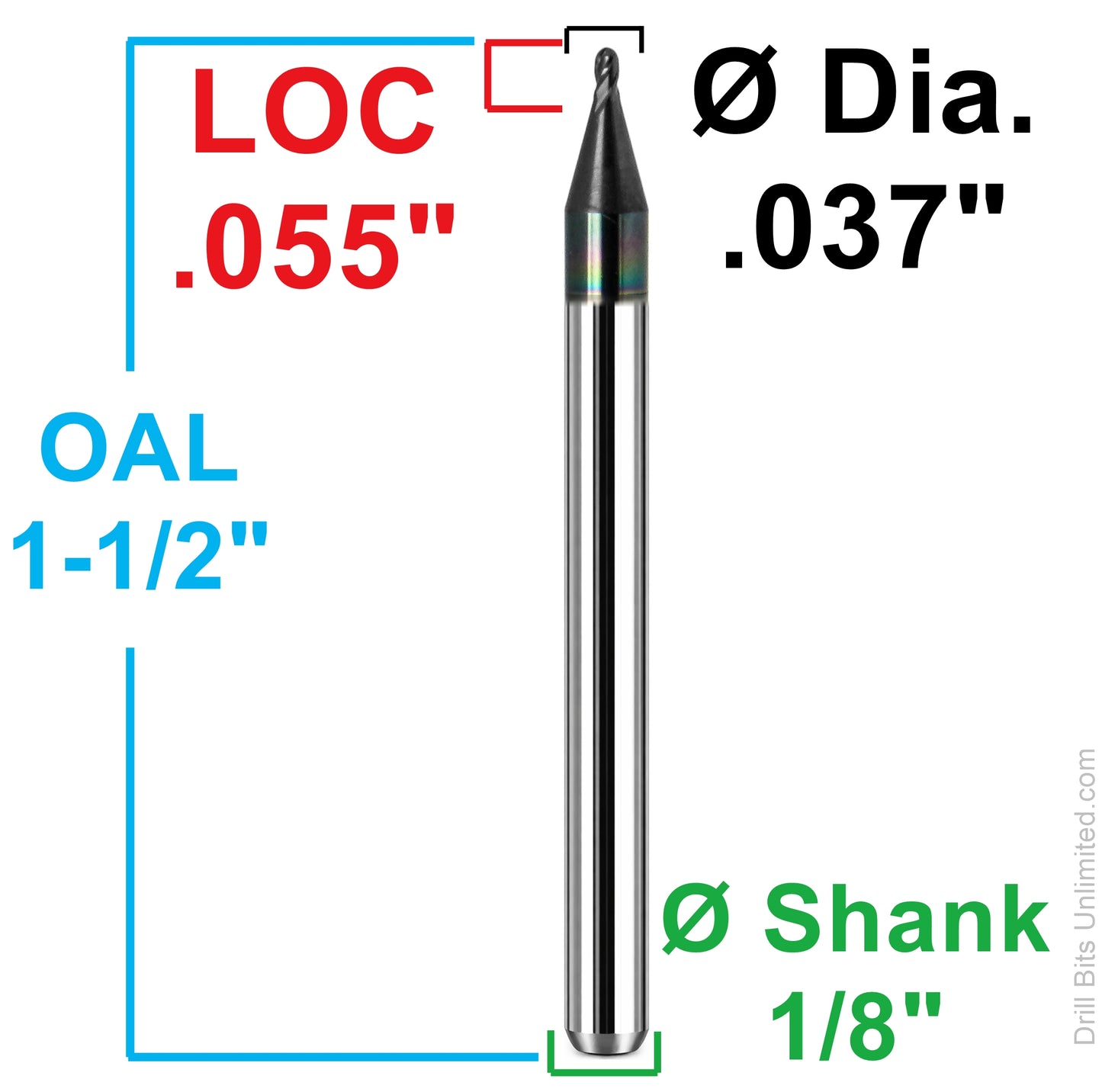 dimension diagram showing 0.037 inch diameter, 0.055 inch LOC, 1.5 inch OAL and 1/8 inch shank carbide ball nose end mill 1835-0370L055