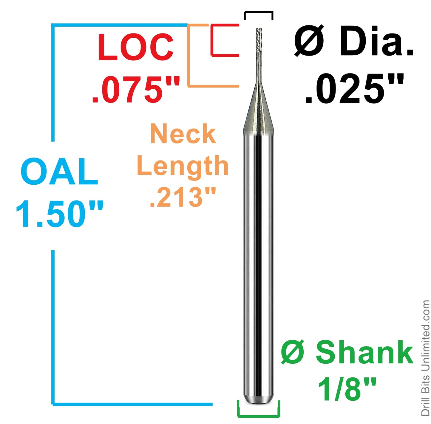 Kyocera 0.0250 inch square end mill dimensional diagram showing 0.075 inch LOC 0.213 inch extended reach length and 1/8 inch shank