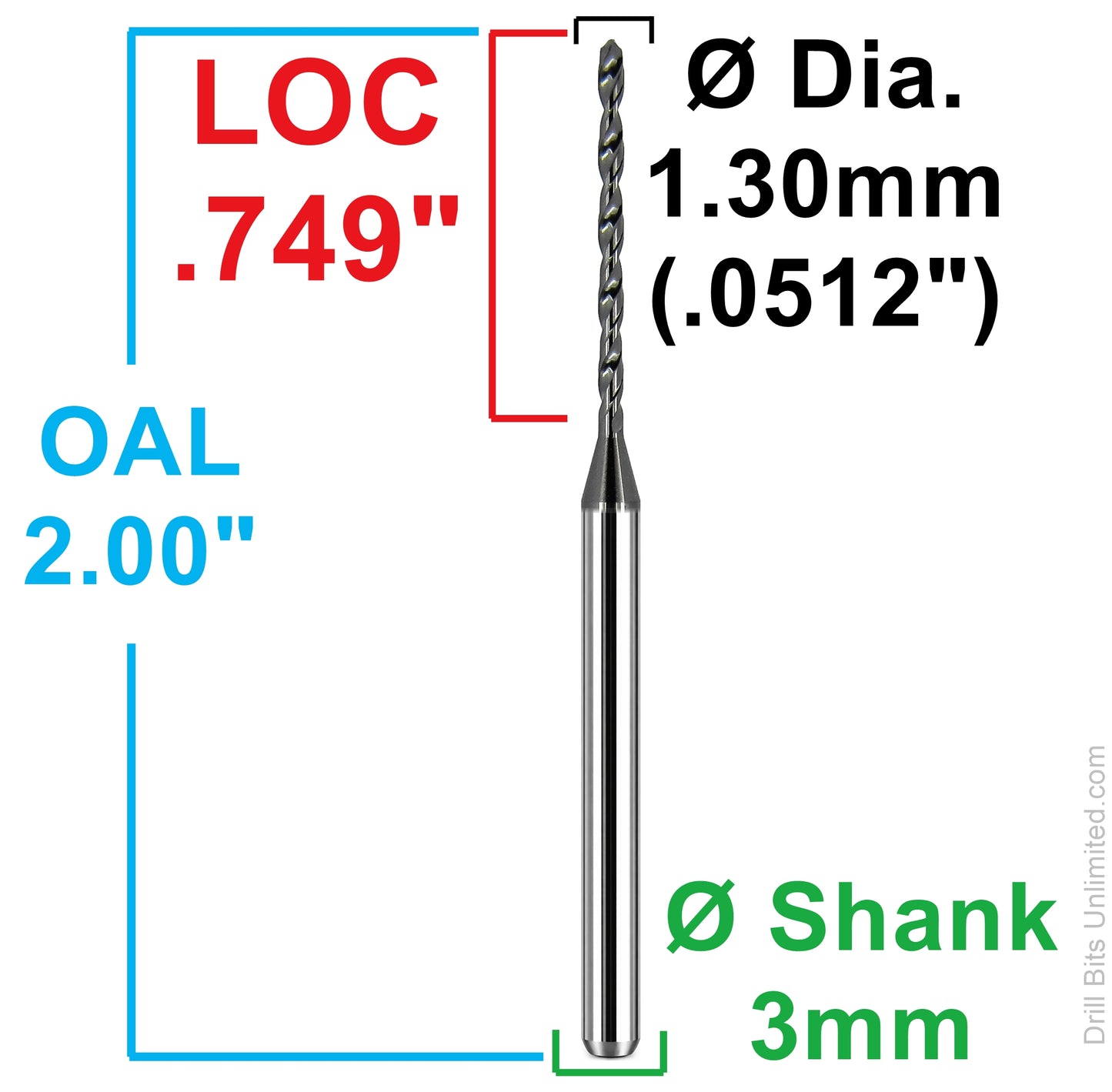 Kyocera 1.30mm micro drill dimensional diagram showing 0.749 inch flute length 2.00 inch overall length and 3mm shank