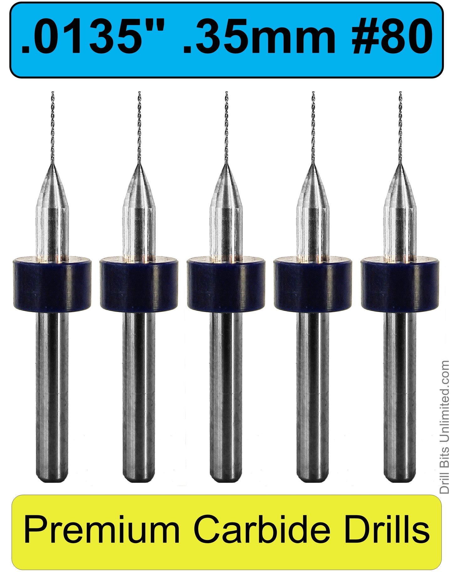 .0135" .35mm #80 - Drill Bits - FIVE Piece Set with 1/8" Shanks Solid Carbide