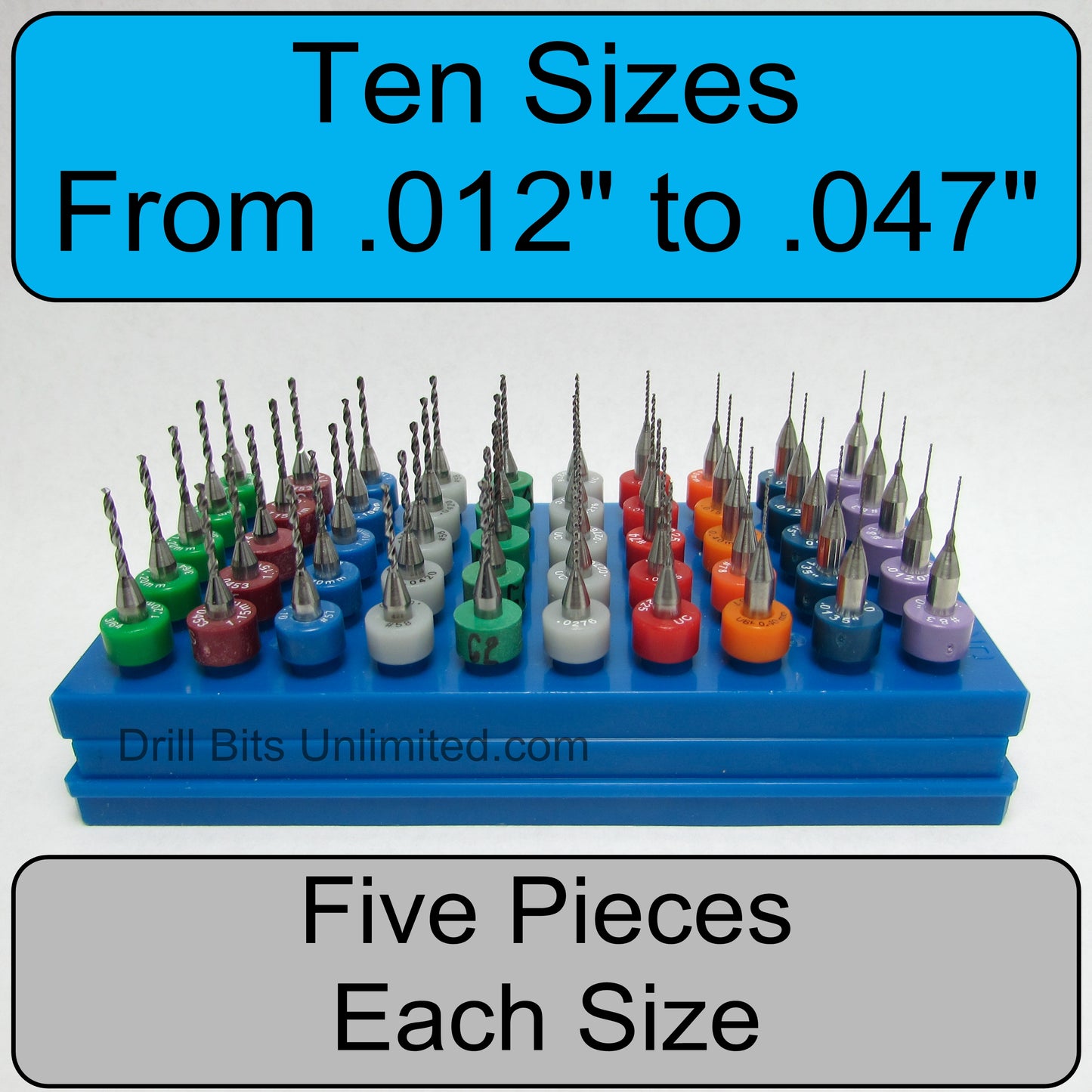 Micro Size Carbide Drill Bit Set Ten Sizes - 5 pcs each: #83, #80, #78, #74, #70, #62, #59, #57, 1.15mm, 1.20mm from Drill Bits Unlimited