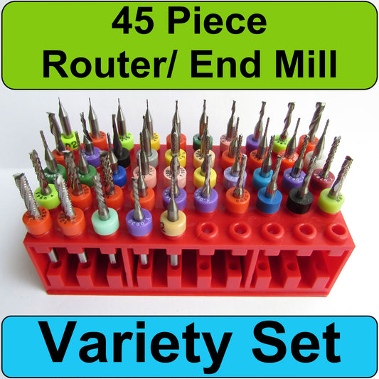 45 Piece Carbide Router and End Mill Set - Diamond Pattern Chip Breaker Up and Down Cut etc.- Sizes .012" to 1/8" Unmatched Variety EMS200
