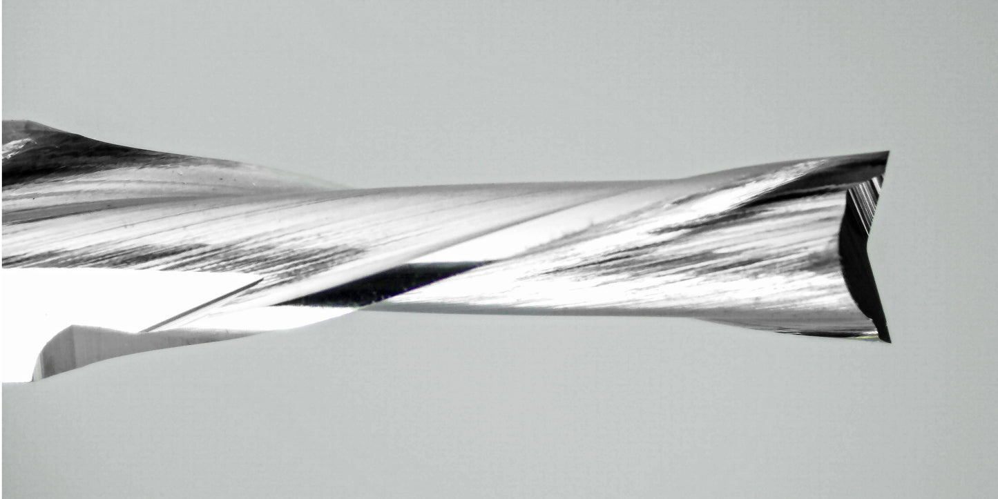 downcut carbide end mill cutting edge close-up fish tail tip