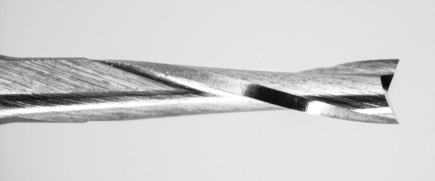close up of 2 flute end mill cutting edges fish tail tip detail