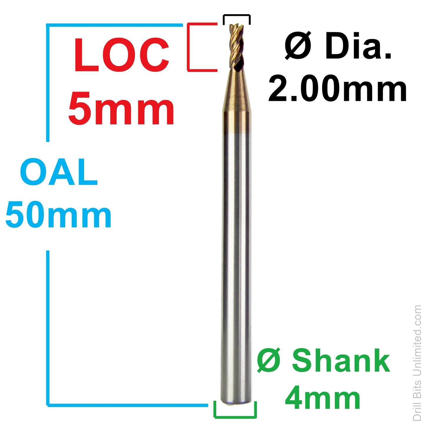 Dimension diagram for 2.00mm AlTiN carbide end mill showing 5mm LOC, 50mm OAL, and 4mm shank