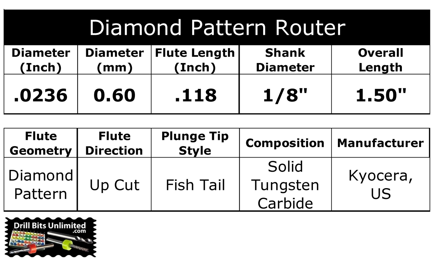 .024" 0.60mm x .118" LOC Diamond Flutes Carbide Router - Fish Tail Tip R104