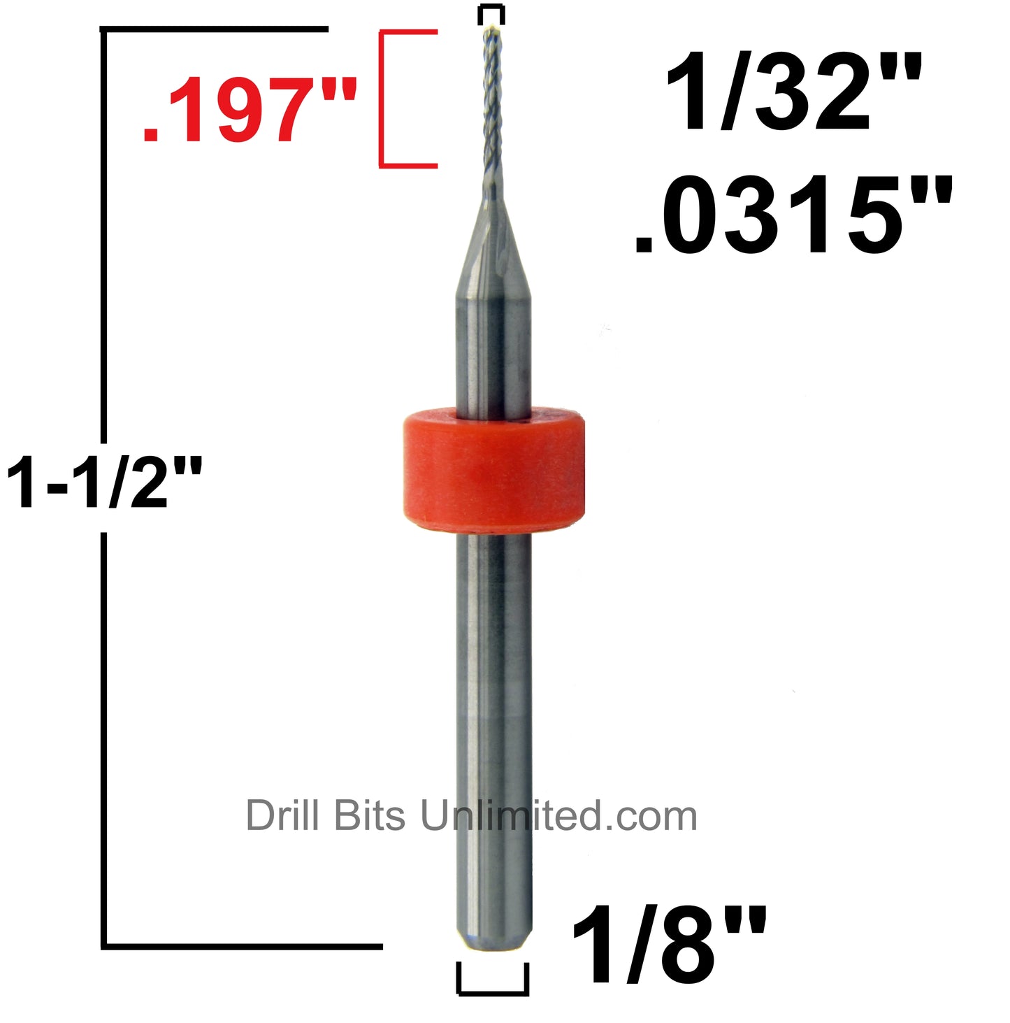 .0315" 1/32" x .197" LOC Diamond Flute Carbide Router Drill Point Tip R105D