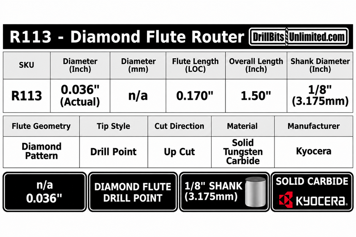 0.0360" × .170" LOC Diamond Flute PCB Router, Drill Point, 1/8" Shank | R113