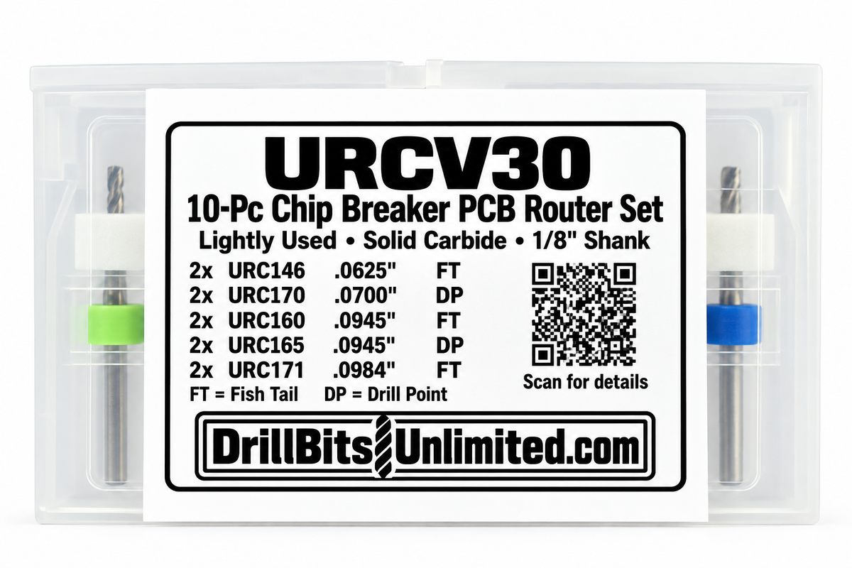 10-Piece Lightly Used Chip Breaker Carbide PCB Router Set – 1/16" to 2.50mm – Fish Tail & Drill Point – URCV30
