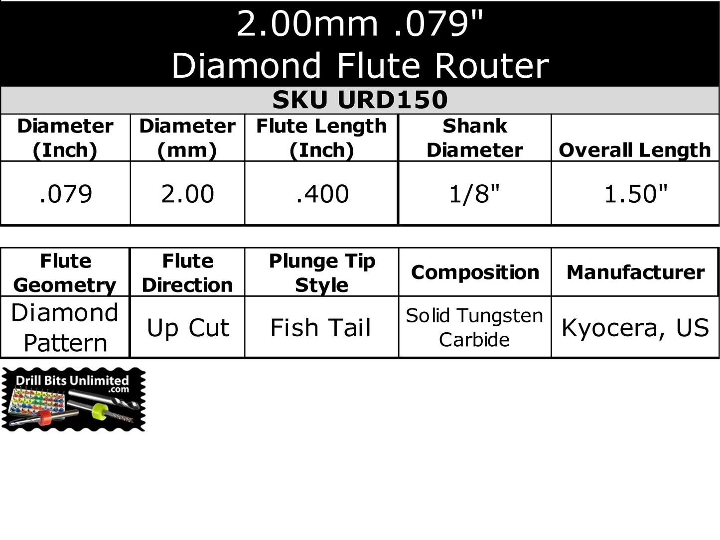 Specification chart for 0.079 inch 2.00mm diamond flute router, fish tail, up cut, .400 LOC, 1/8 shank