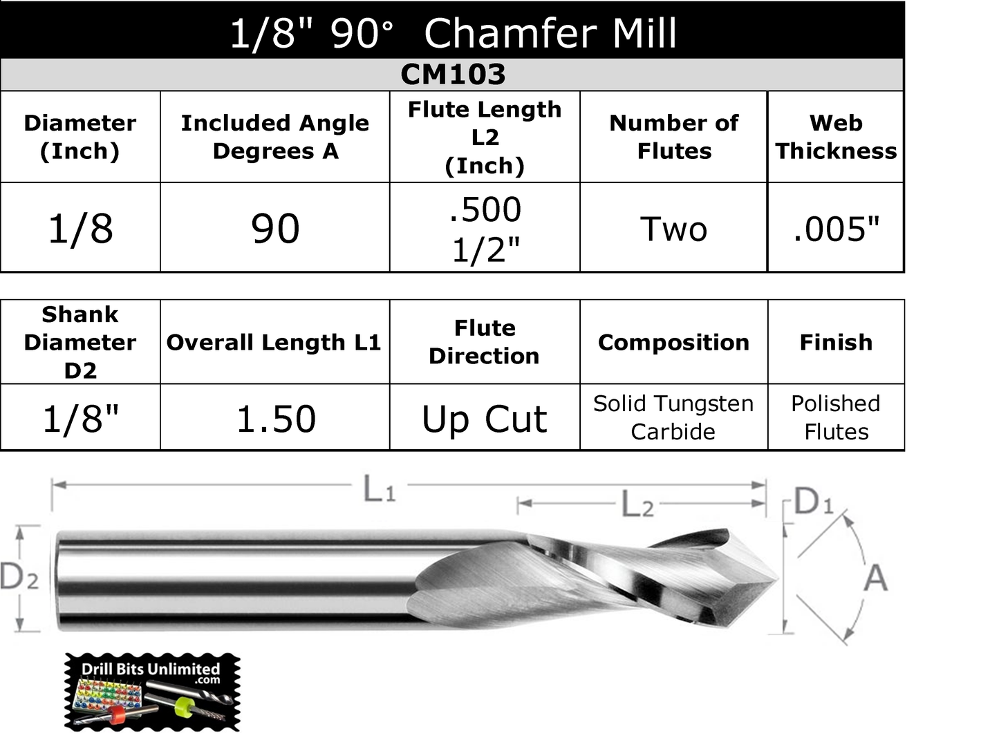 1/8" 2-Flute 90 Degree Carbide Chamfer Mill Made in U.S.A. for deburring chamfering Slotting Spotting CM104