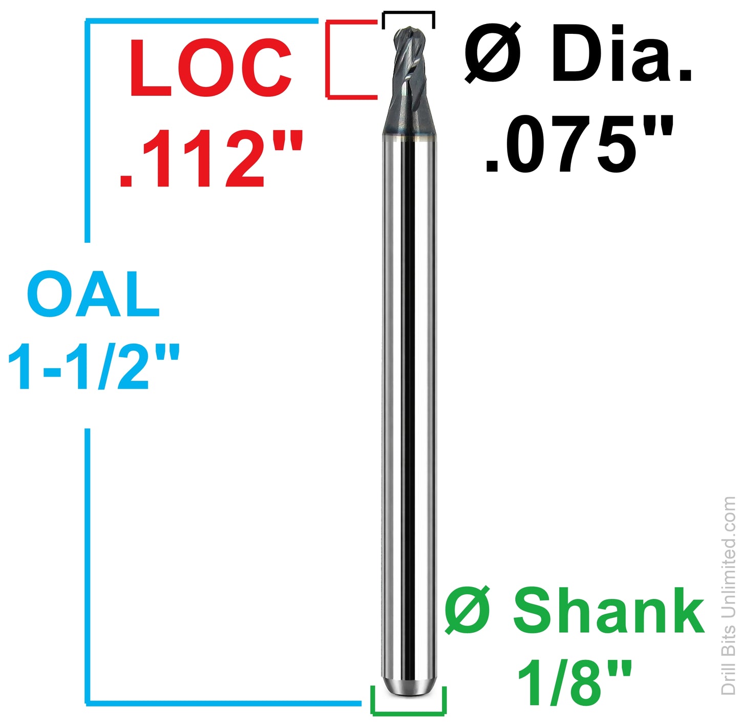 0.075 ball nose end mill dimensions loc 0.112 oal 1.5 shank 1/8