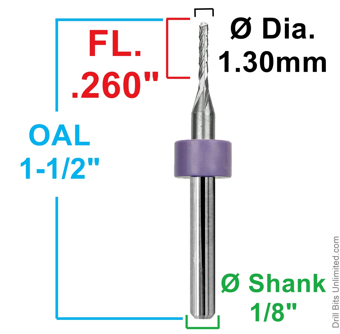 1.30mm chip breaker router showing .260 inch LOC and 1/8 inch shank dimensions