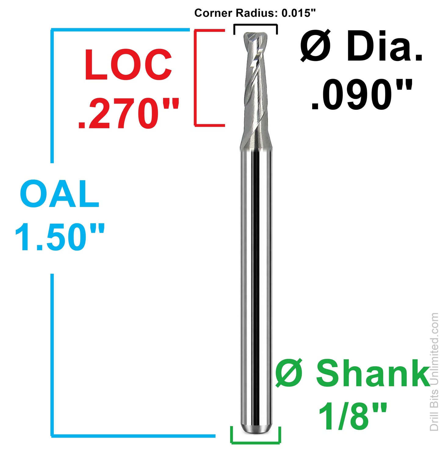 Dimensional drawing of Kyocera 1613-0900.270CR corner radius end mill showing .090 diameter, .270 LOC, 1.50 overall length, 1/8 shank, and .015 corner radius