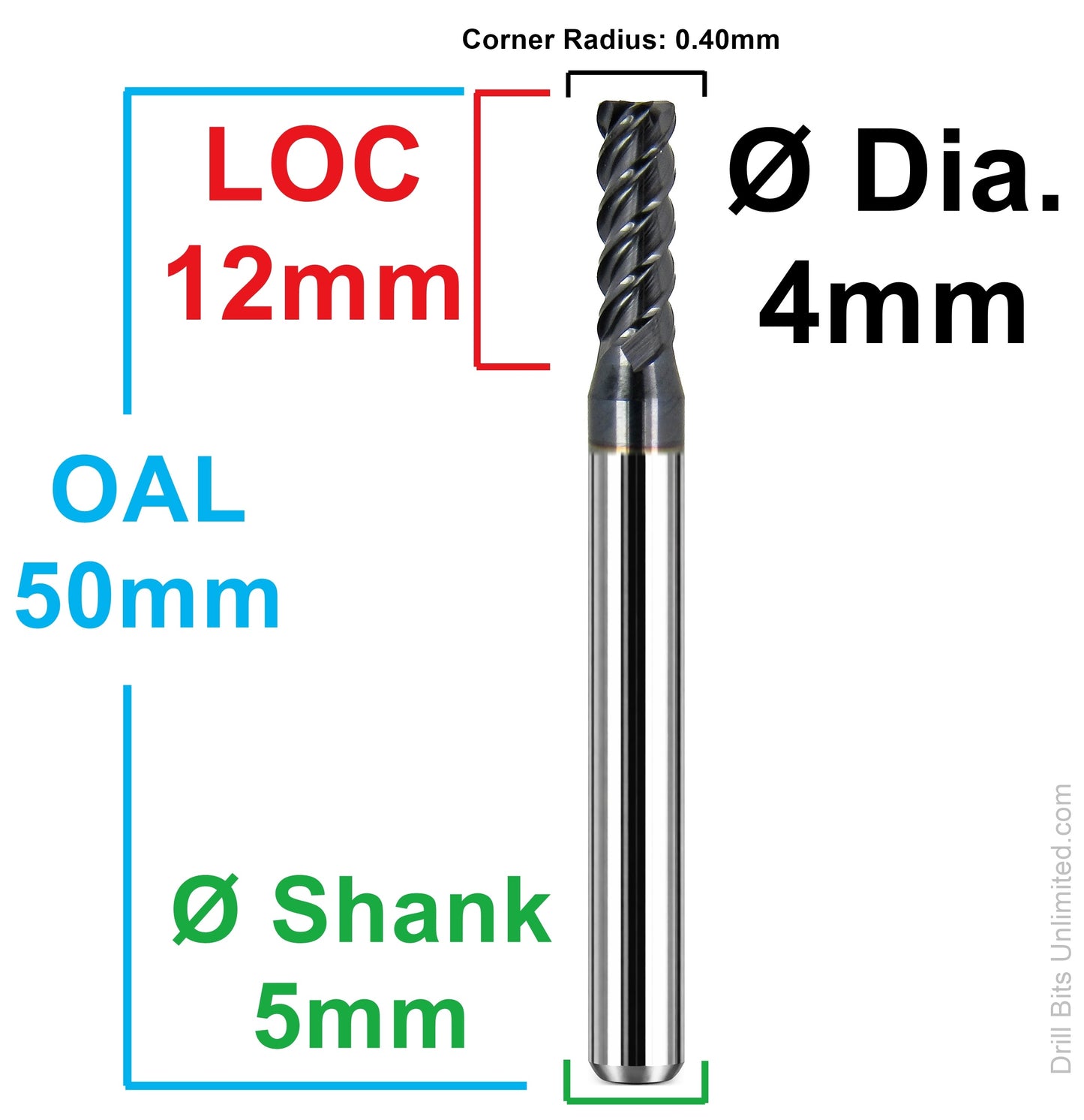 Dimensional drawing of Kyocera 1804-1575L473R corner radius end mill showing 4.00mm diameter, 12mm LOC, 50mm overall length, 5mm shank, and 0.40mm corner radius