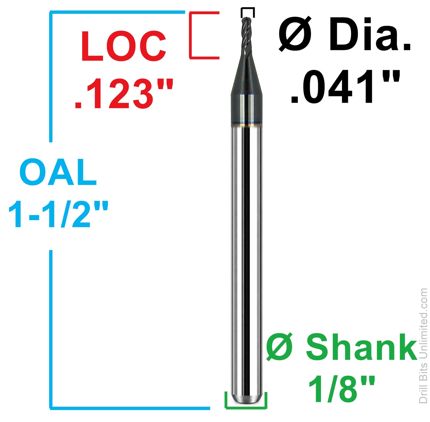 Dimensional drawing of Kyocera 1825-0410L123 ball nose end mill showing .041 diameter, .123 LOC, 1-1/2 overall length, and 1/8 shank