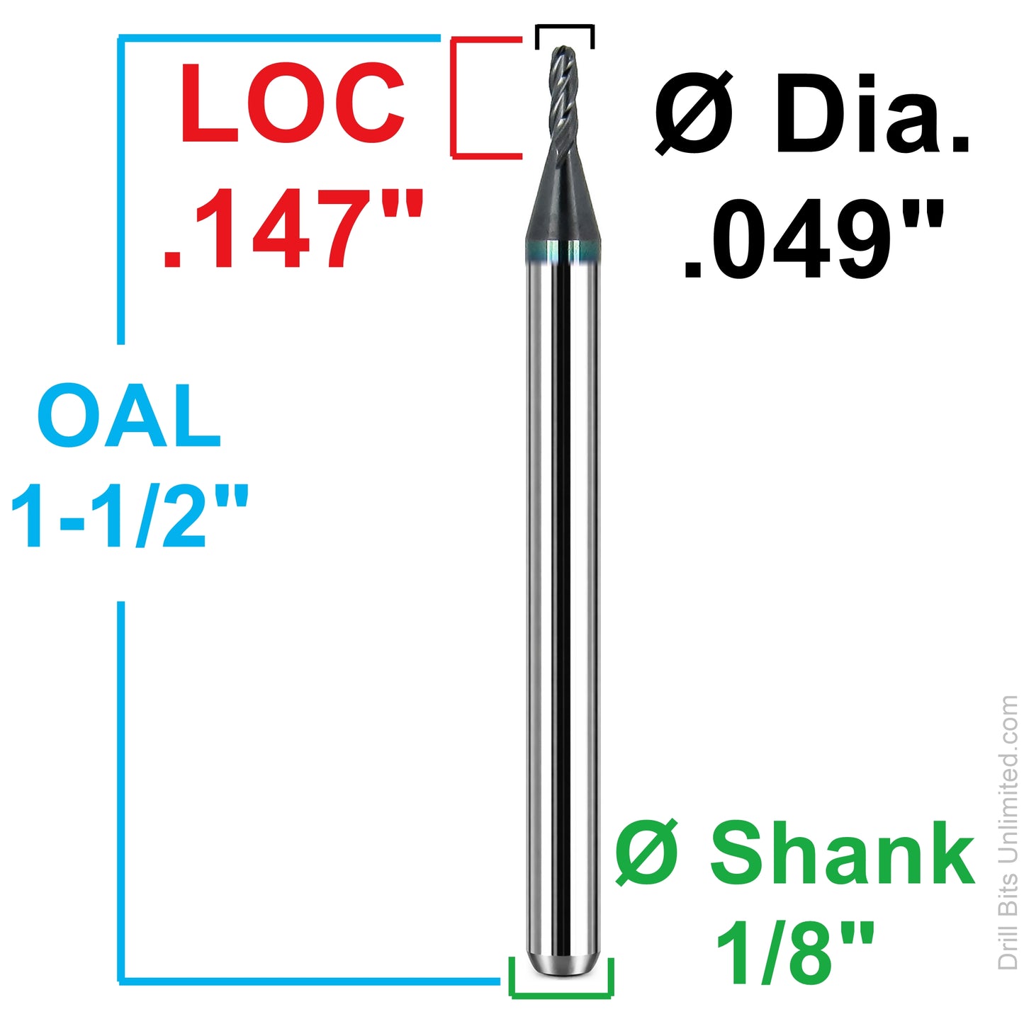 Dimensional drawing of Kyocera 1825-0490L147 ball nose end mill showing 0.0490 diameter, .147 LOC, 1.50 overall length, and 1/8 shank