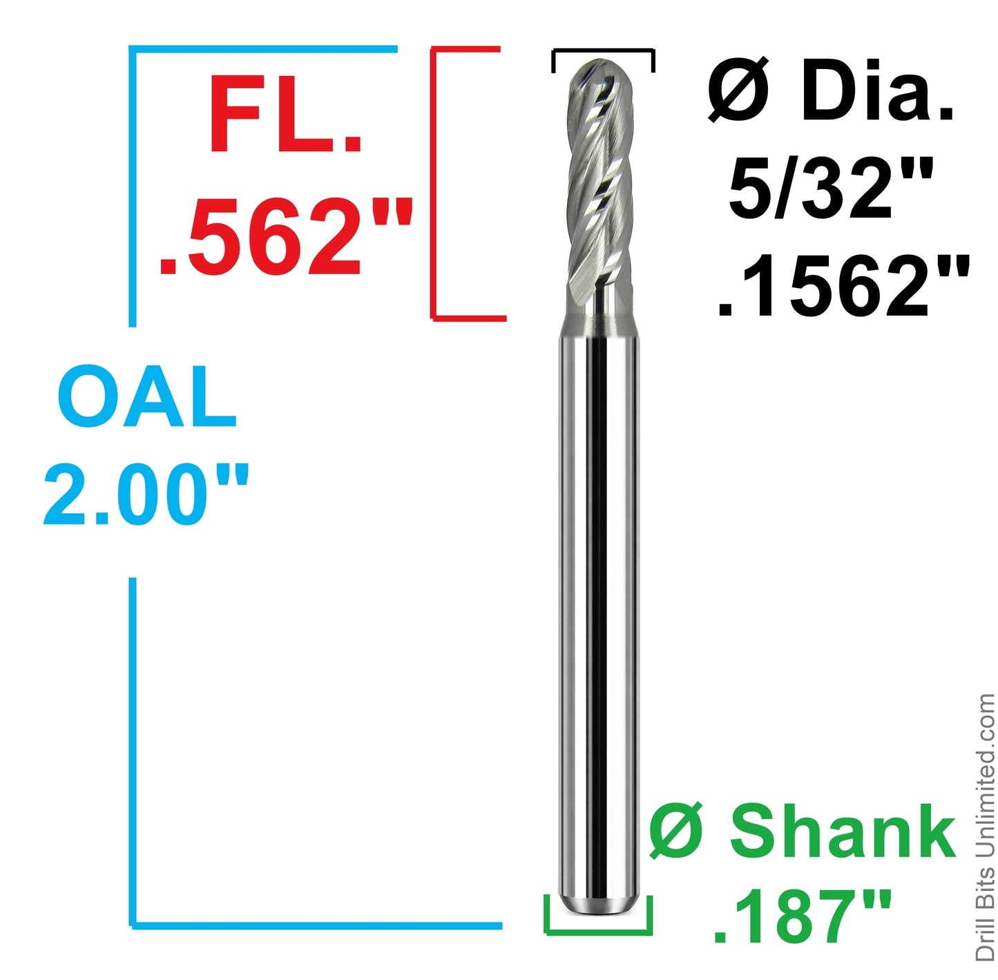 Dimensional drawing of Kyocera 1825-1562.562 end mill showing 5/32 inch diameter, .562 LOC, 2.00 inch overall length, and 3/16 inch shank