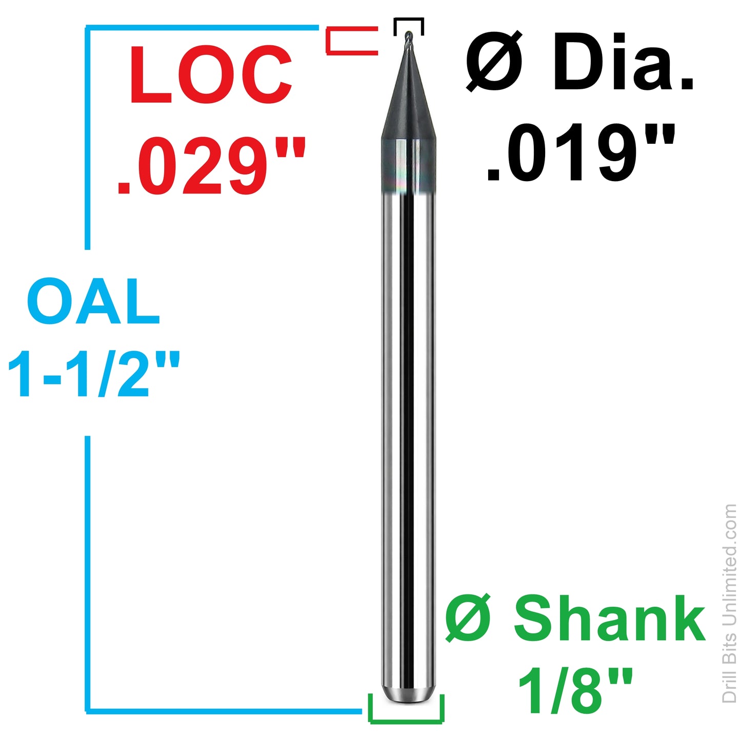 Dimensional drawing of Kyocera 1835-0190L029 ball nose end mill showing .019 diameter, .029 LOC, 1.50 overall length, and 1/8 shank