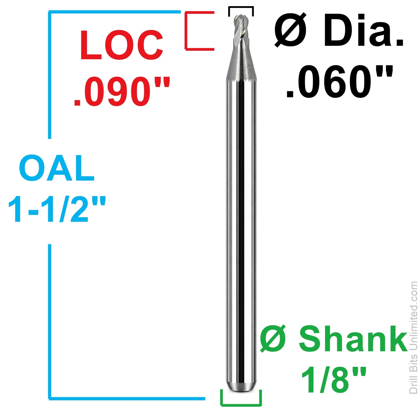 Dimensional drawing of Kyocera 1835-0600.090 ball nose end mill showing .060 diameter, .090 LOC, 1-1/2 overall length, and 1/8 shank