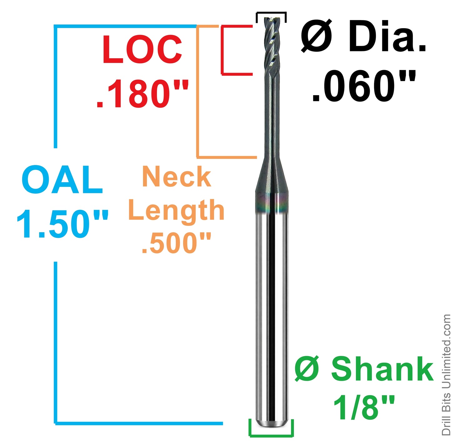 Dimensional drawing of Kyocera 1840-0600L500 square end mill showing .060 diameter, .180 LOC, .500 neck length, 1.50 overall length, and 1/8 shank