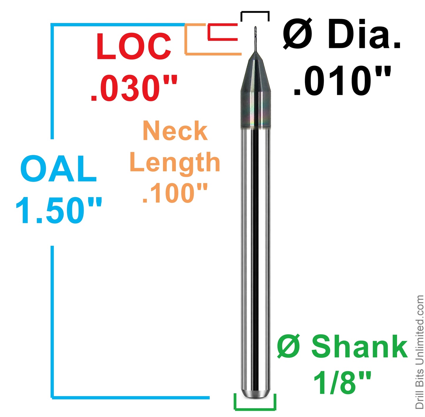Dimensional drawing of Kyocera 1845-0100L100 ball nose end mill showing .010 diameter, .030 LOC, .100 neck length, 1.50 overall length, and 1/8 shank