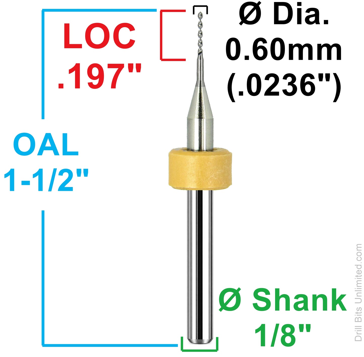 Dimensional drawing of Kyocera 240.0236.197A2 PCB back drill showing 0.60mm (.0236) diameter, .197 LOC, 1.50 overall length, and 1/8 shank