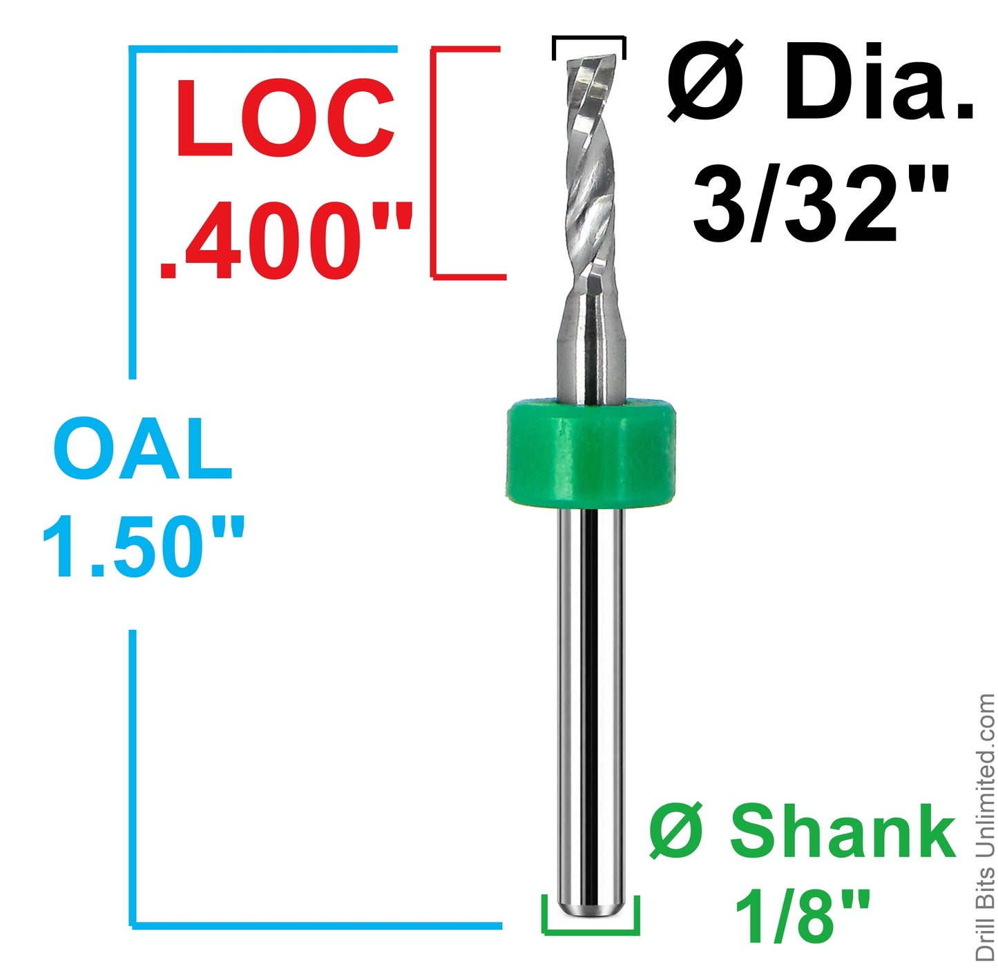 Dimensional drawing of lightly used 3/32 inch single O-flute carbide end mill showing .400 inch flute length, 1.50 inch OAL, and 1/8 inch shank