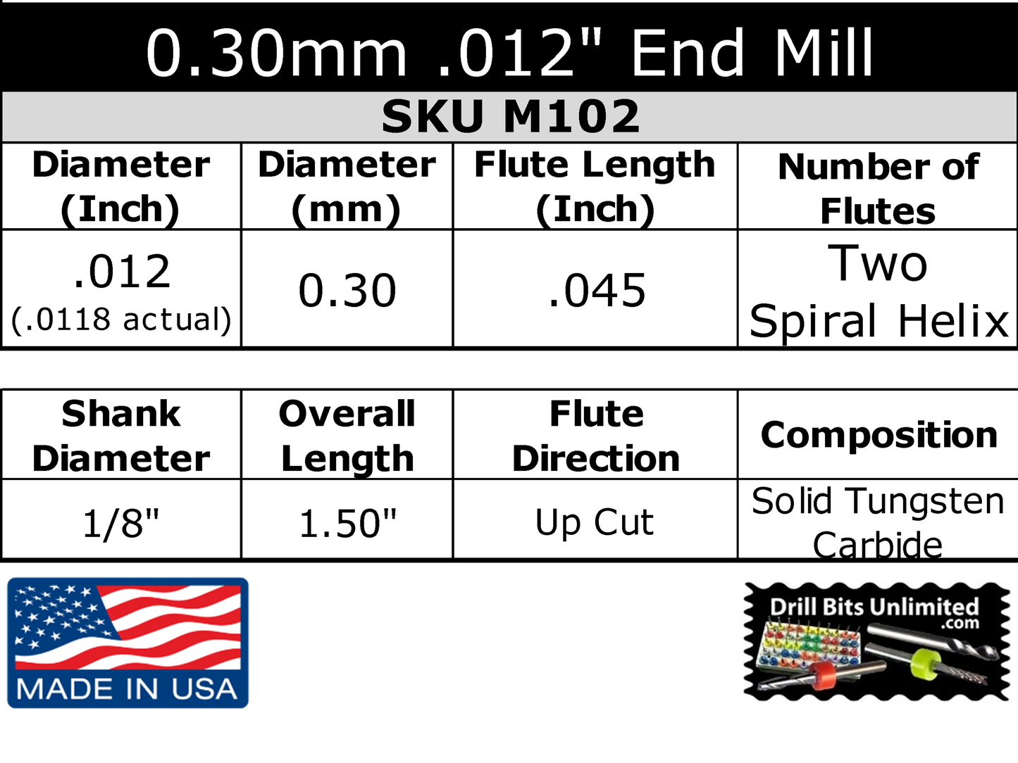 .012" (.0118") 0.30mm x .045" LOC Two Flute UP Cut Carbide End Mill With Square End - Made in U.S.A. M102 specifications