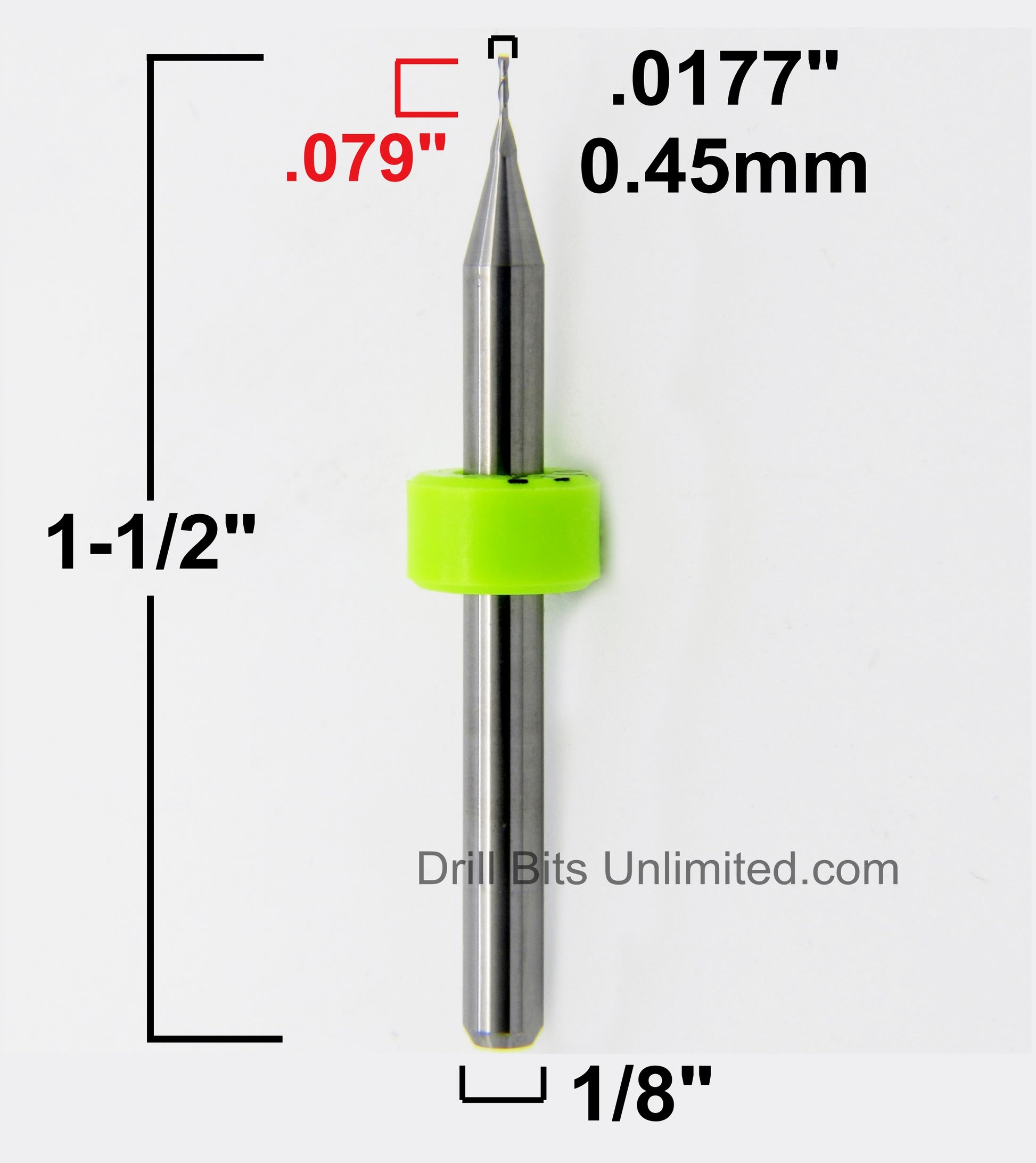 .018" .45mm Two Flute Carbide End Mill Up Cut .079" LOC -Made in U.S.A. M104 Dimensional View