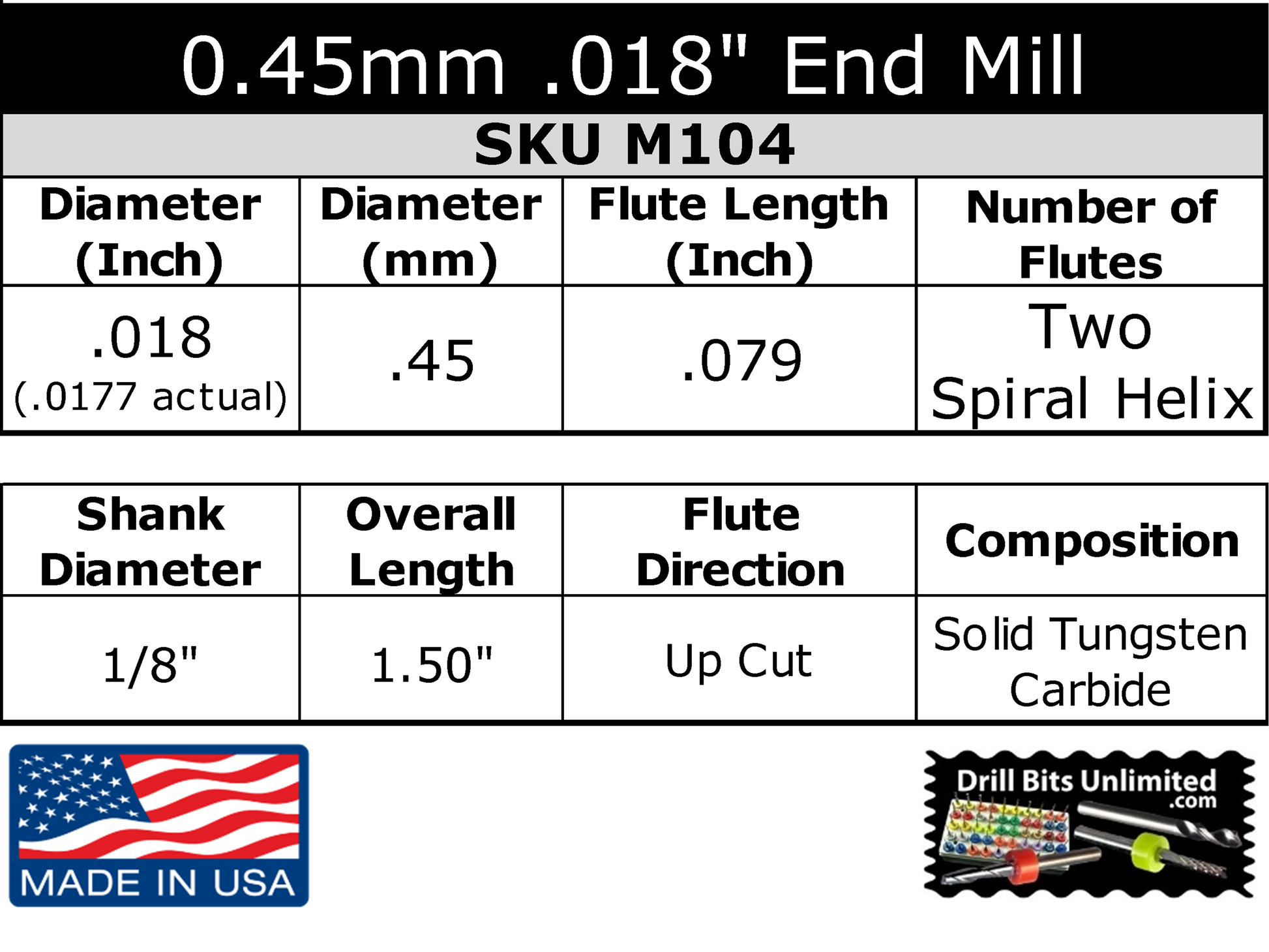 .018" .45mm Two Flute Carbide End Mill Up Cut .079" LOC -Made in U.S.A. M104 Specifications Chart