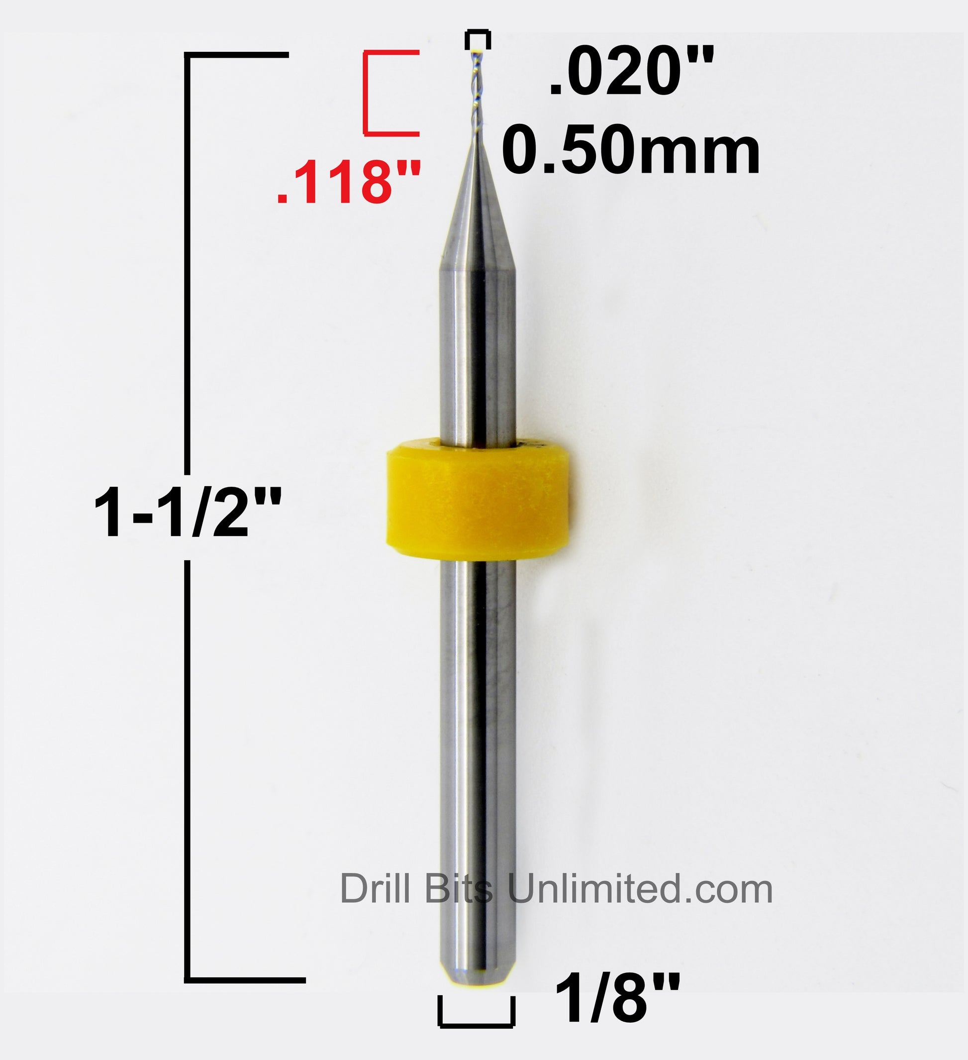 .020" (.0197) 0.50mm x .118" LOC Two Flute Carbide End Mill Up Cut Square End Made in U.S.A. M105 Dimensional View
