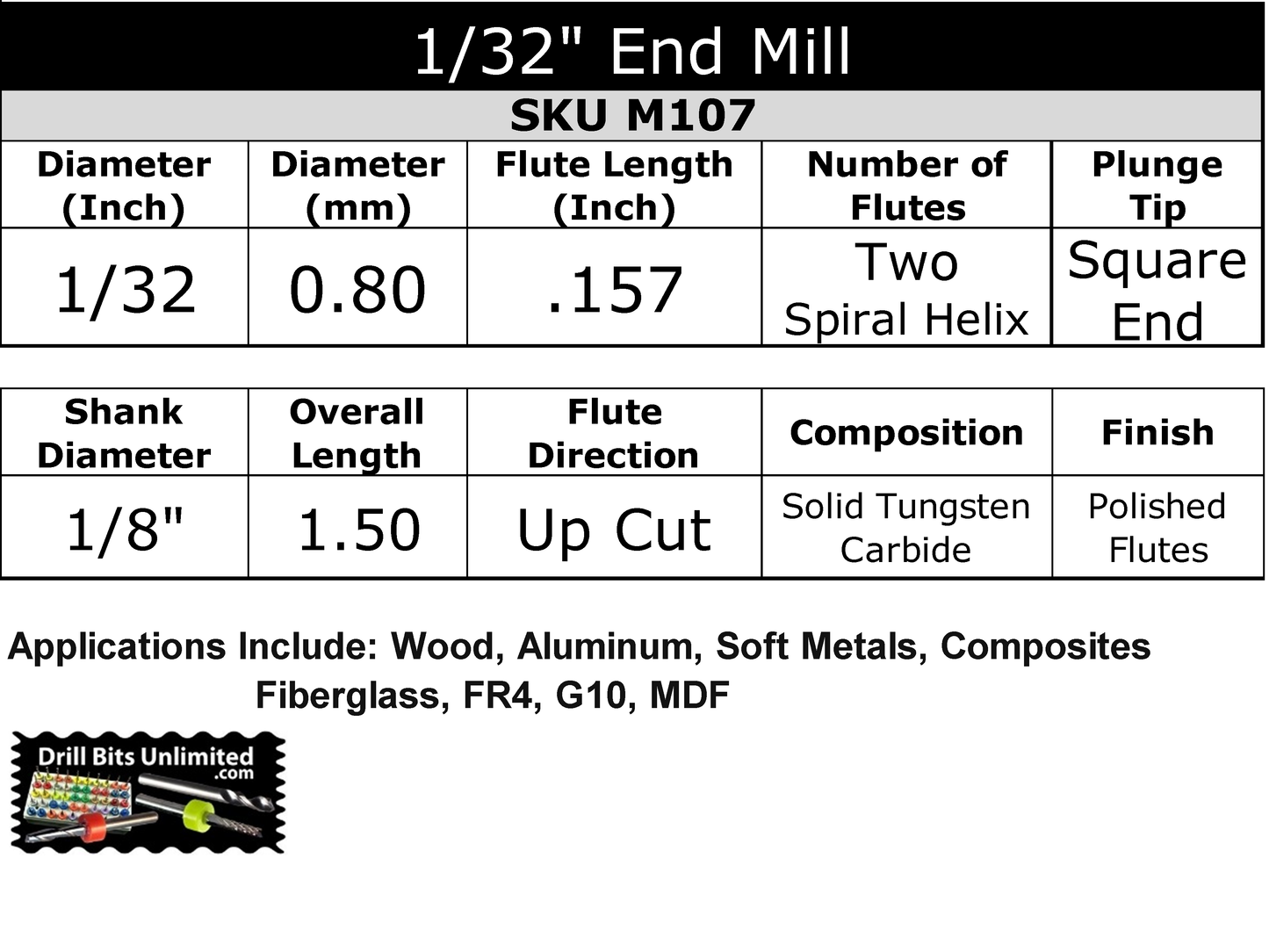 .0315" (1/32") x .157" LOC Two Flute Carbide End Mill - Up Cut Square End | Made in U.S.A. | M107 Specifications