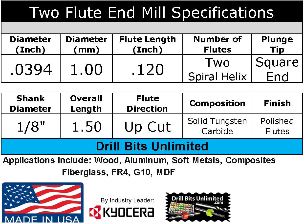 1.00mm x .120" LOC Two Flute UP Cut Carbide End Mill Square End - Made in U.S.A. M109 Specifications