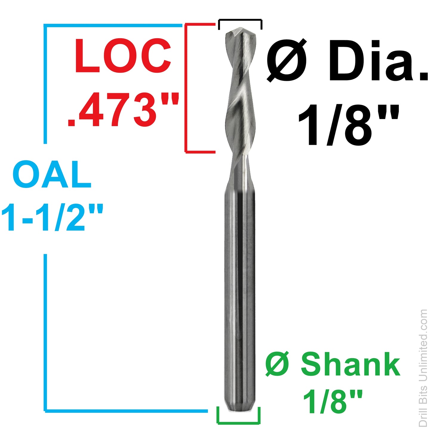Dimension diagram for 1/8 inch 2-flute drill point carbide end mill showing .670 inch LOC, 1.50 inch OAL, and 1/8 inch shank